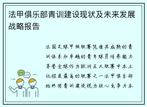 法甲俱乐部青训建设现状及未来发展战略报告